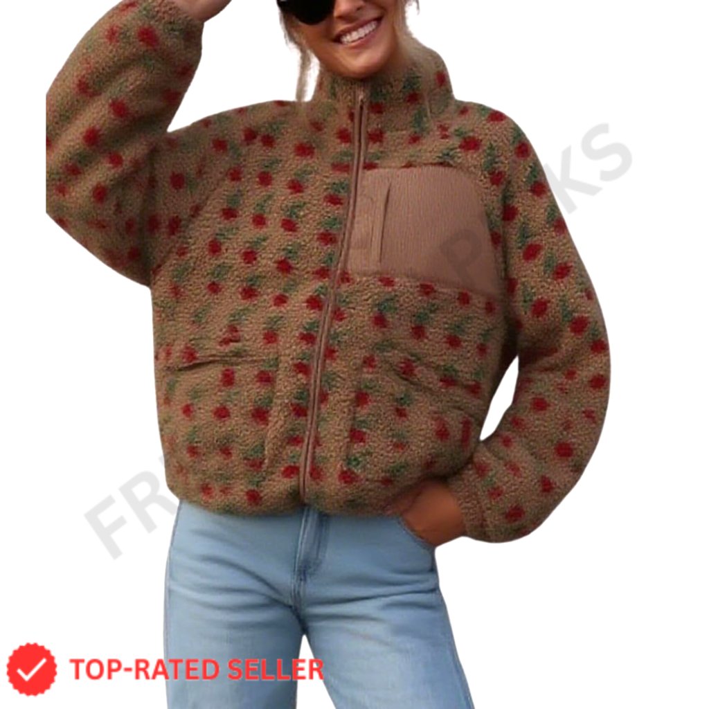 Oversized Fleece Sherpa Jacket, Floral Print, Zip Up, Winter Casual